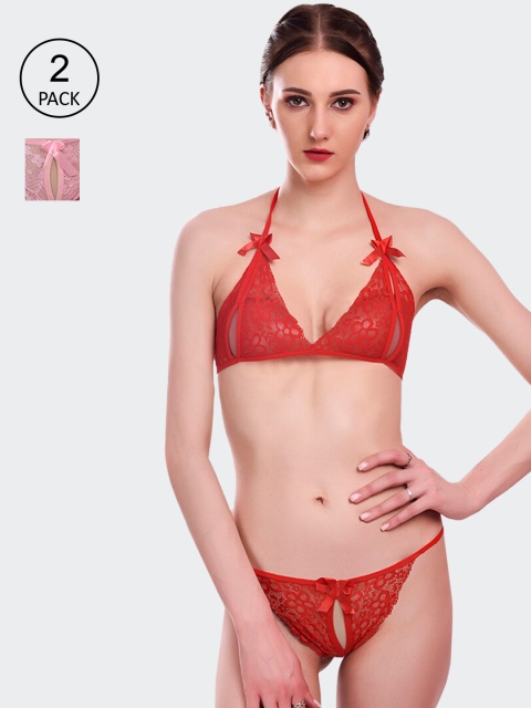 

Fleurt Women Pack Of 2 Self Design Lace Lingerie Set, Pink