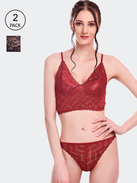 

Fleurt Set Of 2 Maroon & Black Self-Design Lace Lingerie Set 170-NEW-BK-MR-M-Black