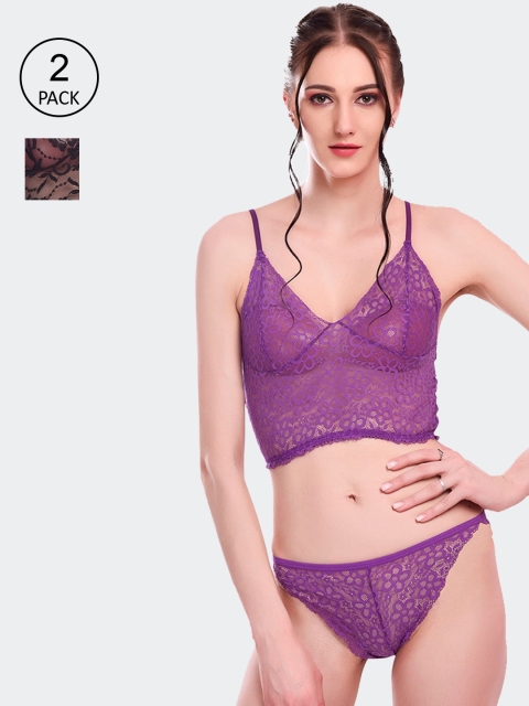

Fleurt Set Of 2 Purple & Black Self-Design Lace Lingerie Set 170-NEW-BK-PR-M-Black