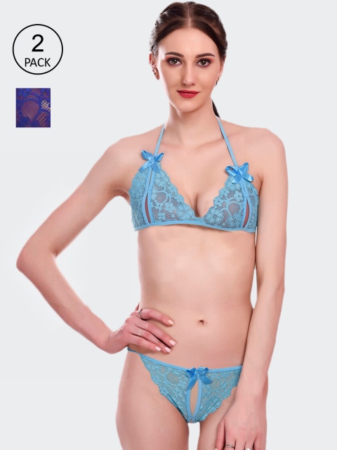 

Fleurt Set Of 2 Blue Self-Design Lace Lingerie Set 206-R.BL-S.BL-Blue