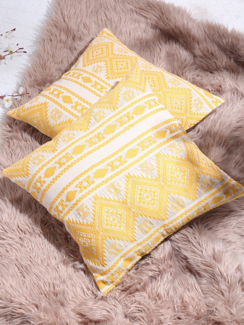 

KRAVIKA Yellow & Off White Set of 2 Geometric Square Cushion Covers