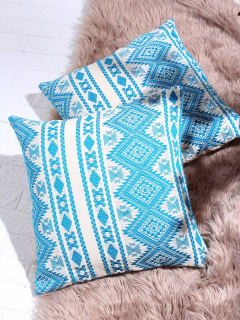 

KRAVIKA Blue & White Set of 2 Embroidered Square Cushion Covers