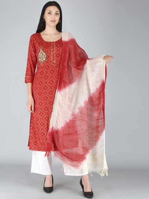 

KALINI Women Maroon Ethnic Motifs Printed Zardozi Kurta with Palazzos & With Dupatta