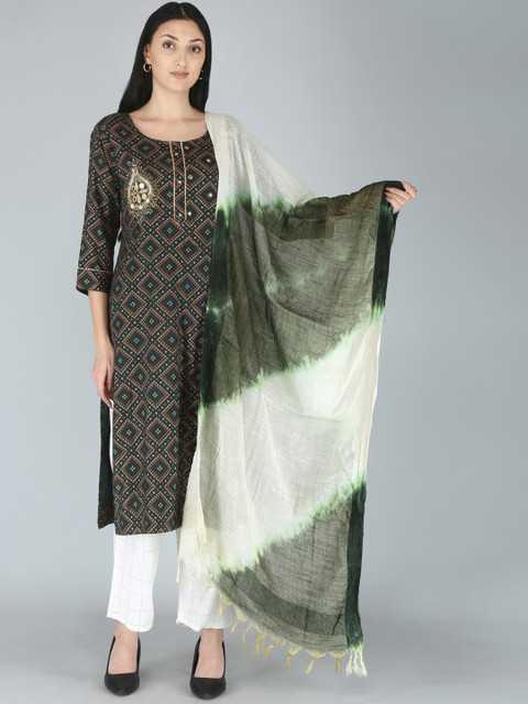 

KALINI Women Green Bandhani Printed Beads and Stones Kurta with Trousers & With Dupatta