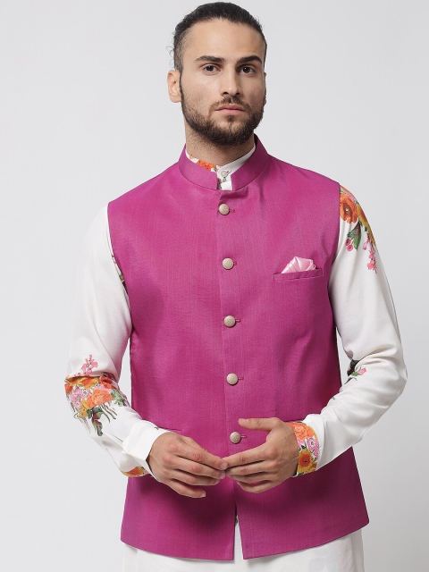 

MAXENCE Men Off White & Pink Floral Printed Pure Cotton Kurta Churidar With Nehru Jacket