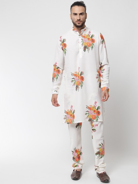 

MAXENCE Men Off White & Orange Floral Printed Pure Cotton Kurta with Churidar