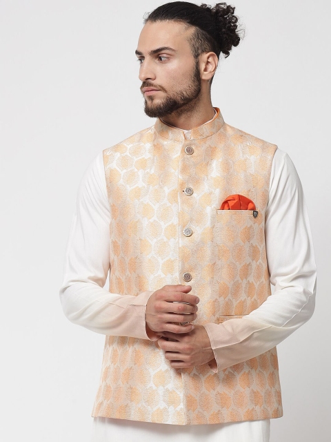 

MAXENCE Men Beige Embroidered Pleated Pure Cotton Kurta with Salwar & With Dupatta
