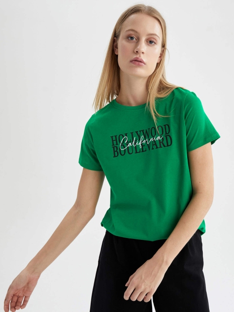 

DeFacto Women Green & Black Typography Printed Pure Cotton T-shirt