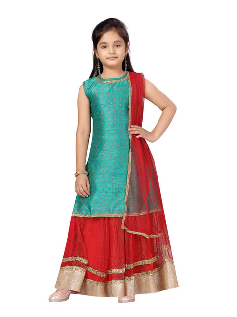

Aarika Girls Green Ethnic Motifs Printed Gotta Patti Kurta with Skirt & With Dupatta