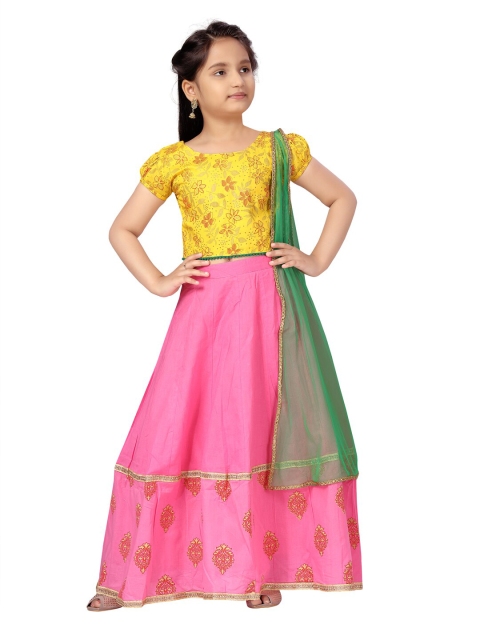 

Aarika Girls Pink & Yellow Printed Ready to Wear Lehenga & Blouse With Dupatta