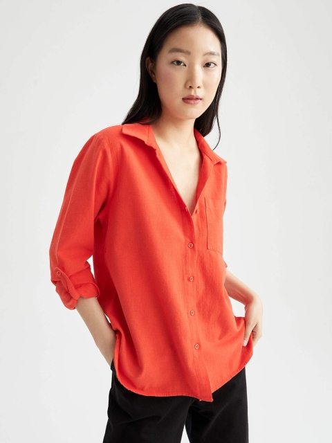 

DeFacto Women Coral Red Solid Cotton Linen Casual Shirt