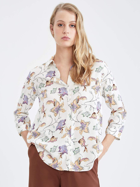 

DeFacto Women White & Purple Floral Printed Casual Shirt