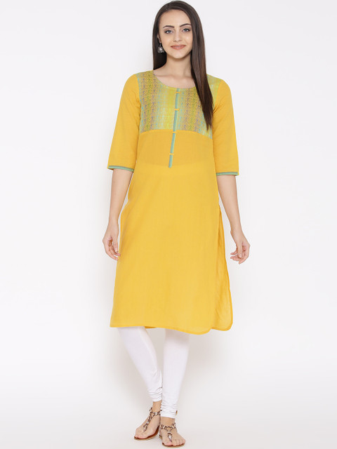 

AURELIA Women Yellow Woven Design Straight Kurta