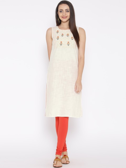 

AURELIA Women Off-White Solid Straight Kurta