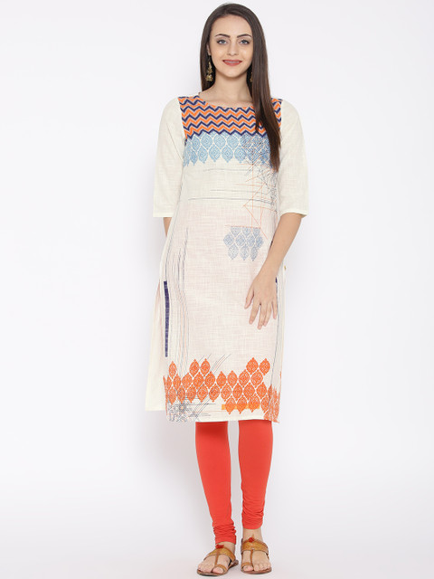

AURELIA Women Cream-Coloured Printed Straight Kurta