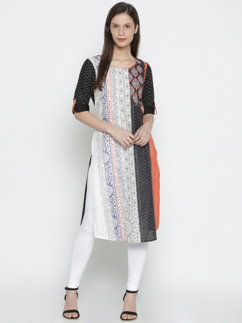 

AURELIA Women Black Printed Straight Kurta