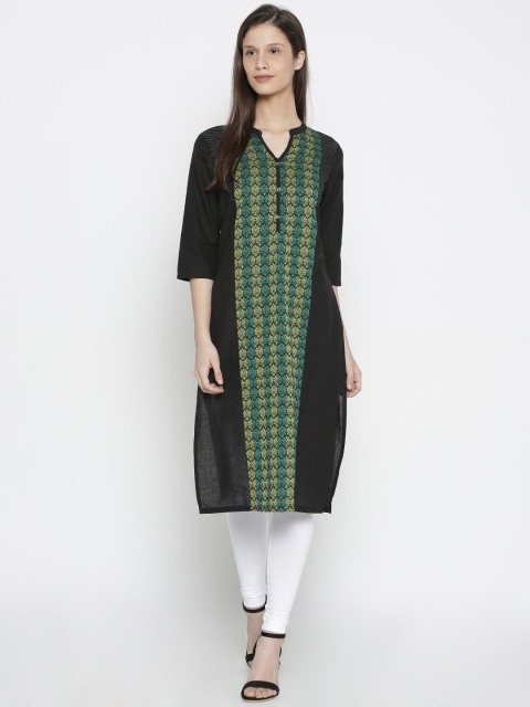 

AURELIA Women Black Woven Design Straight Kurta