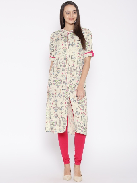 

AURELIA Women Off-white & Blue Printed Straight Kurta