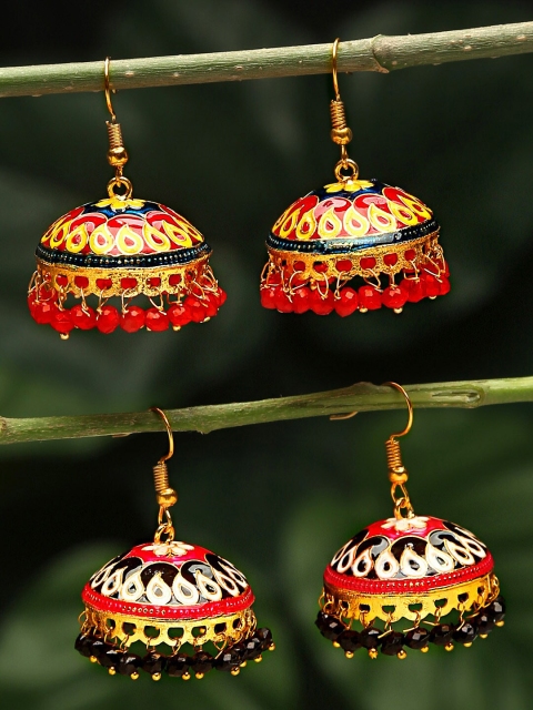 

Yellow Chimes Women Multi Colour Set Of 2 Pair Gold-Plated Meenakari Jhumka Earrings