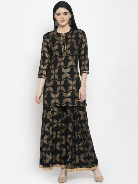

Clora Creation Women Black Floral Empire Gotta Patti Kurti with Skirt