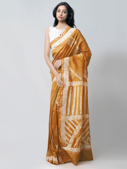 

Unnati Silks Mustard & White Batik Zari Silk Cotton Chanderi Saree