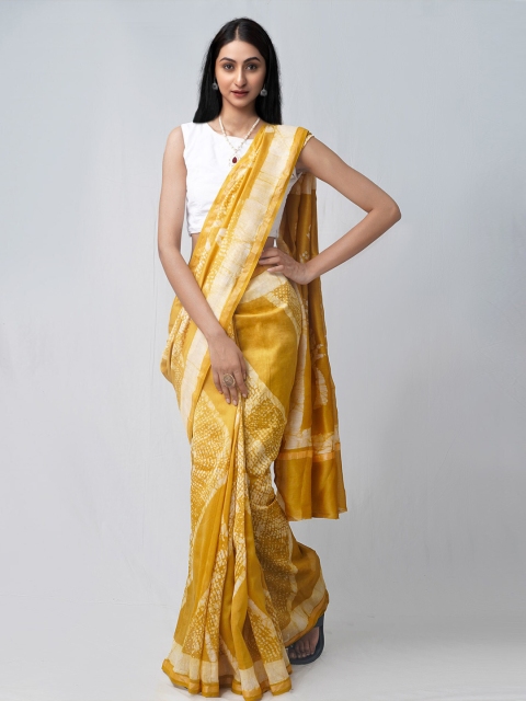 

Unnati Silks Yellow & White Batik Silk Cotton Chanderi Saree