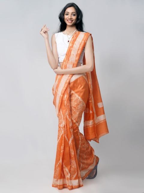 

Unnati Silks Orange & White Batik Zari Silk Cotton Chanderi Saree