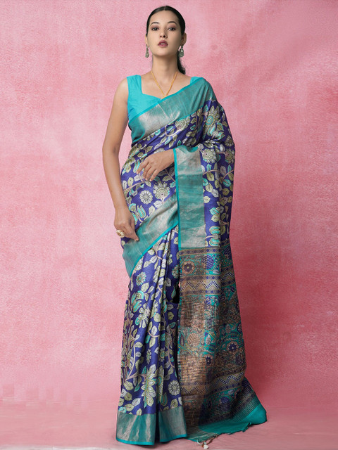 

Unnati Silks Navy Blue & Sea Green Ethnic Motifs Zari Pure Silk Handloom & Sustainable Tussar Saree
