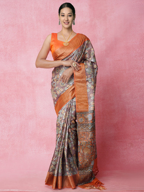 

Unnati Silks Brown & Orange Floral Zari Pure Silk Tussar Saree