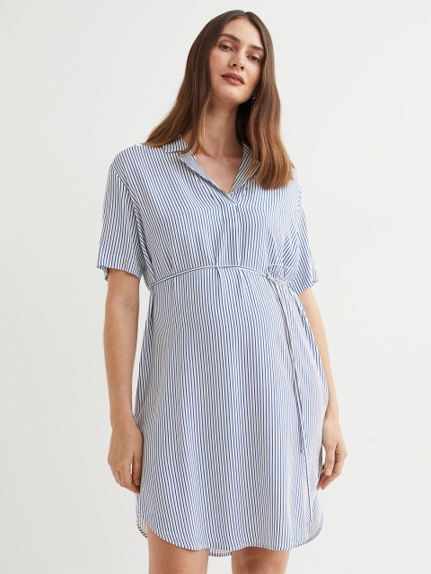 

H&M MAMA White & Blue Striped Tie-Belt Dress