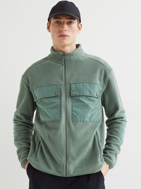 

H&M Men Fleece Solid Outdoor Jacket, Green