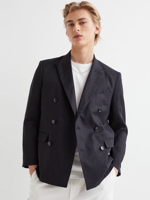

H&M Men Black Solid Regular Fit Double Breasted Linen Jacket