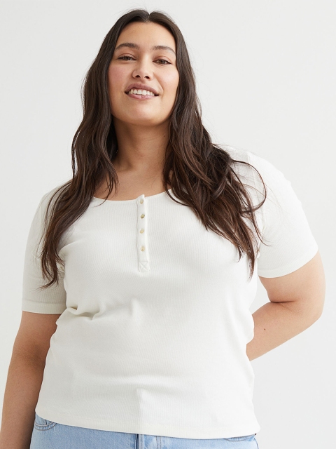 

H&M White Plus Size Ribbed Button-Placket T-Shirt