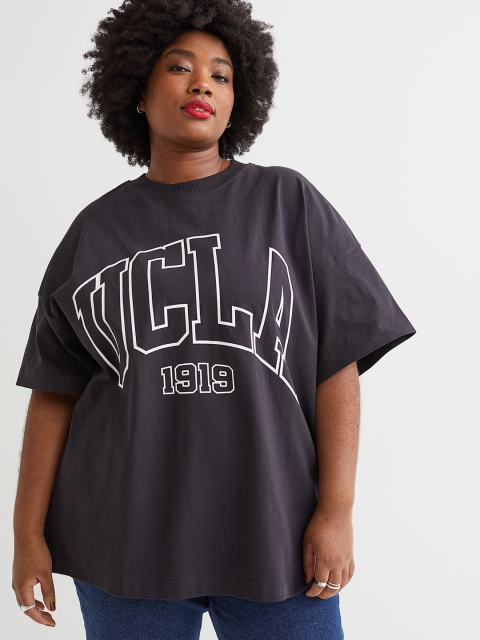 

H&M Women Plus Size Grey Printed Relaxed-Fit T-shirt