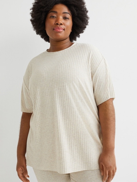 

H&M+ Women Beige Ribbed T-Shirt