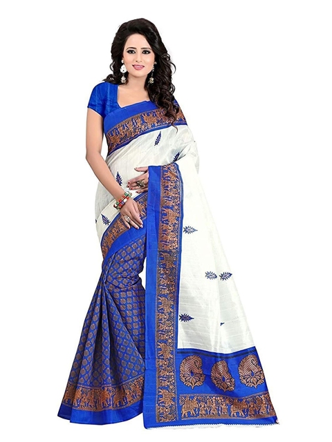 

KALINI White & Blue Floral Printed Saree