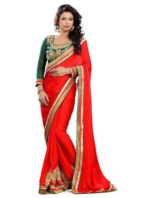 

KALINI Red & Green Solid Pure Chiffon Saree