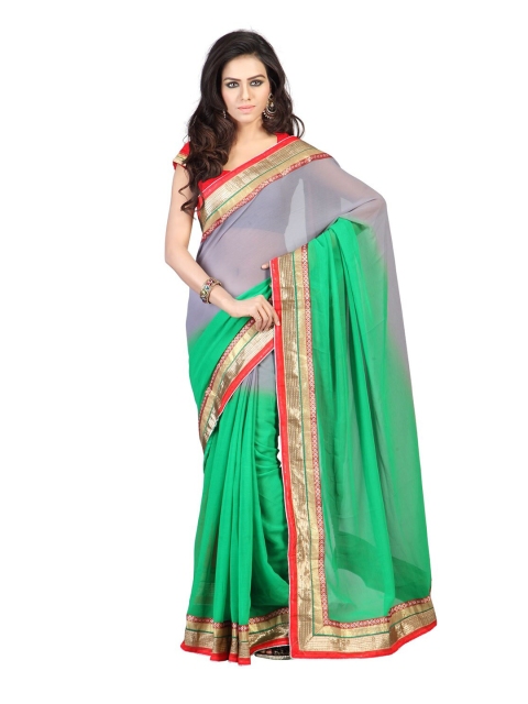 

KALINI Green & Red Pure Chiffon Saree