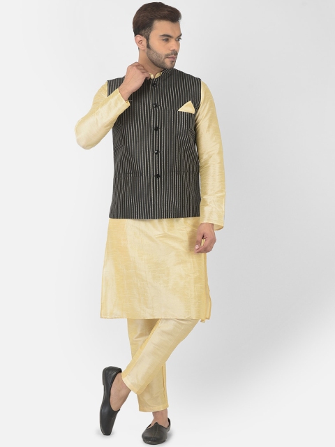 

DEYANN Men Black & Gold Striped Dupion Silk Kurta Set