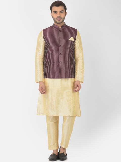 

DEYANN Men Maroon & Gold Striped Dupion Silk Kurta Set