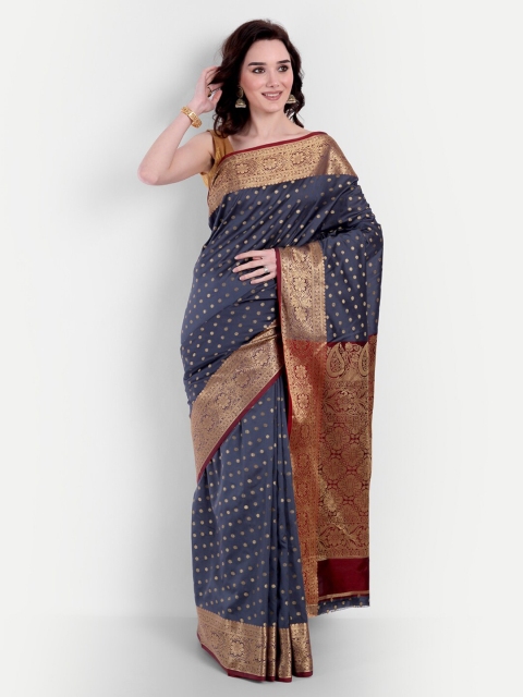 

VAIVIDHYAM Grey & Maroon Woven Design Zari Jute Silk Banarasi Saree