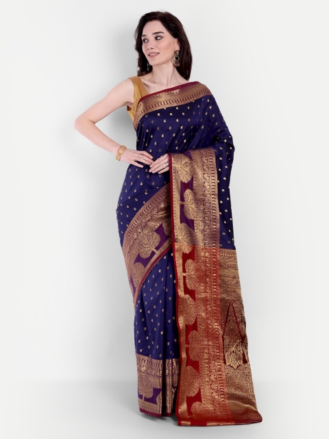 

VAIVIDHYAM Navy Blue & Maroon Ethnic Motifs Zari Banarasi Saree