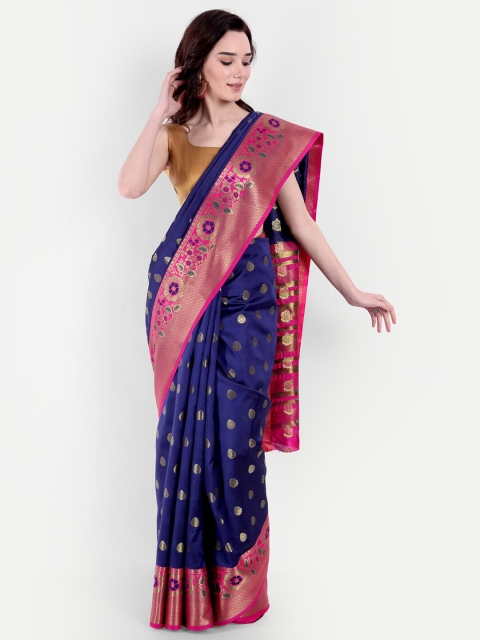 

VAIVIDHYAM Navy Blue & Gold-Toned Woven Design Zari Jute Silk Banarasi Saree