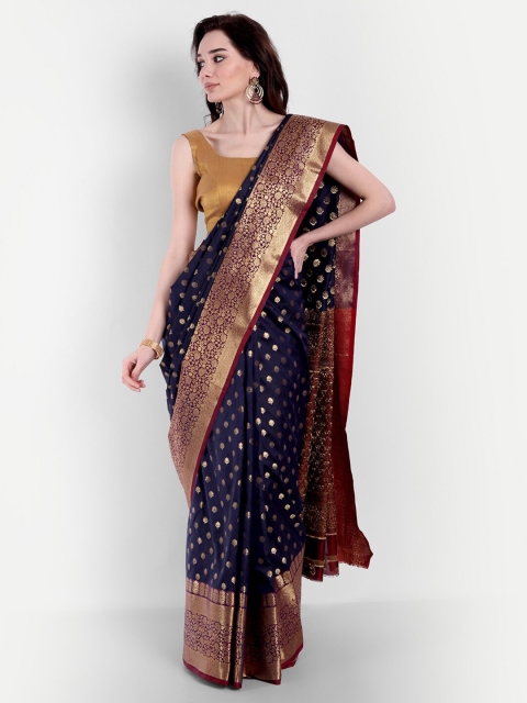 

VAIVIDHYAM Navy Blue & Maroon Ethnic Motifs Zari Pure Cotton Banarasi Saree
