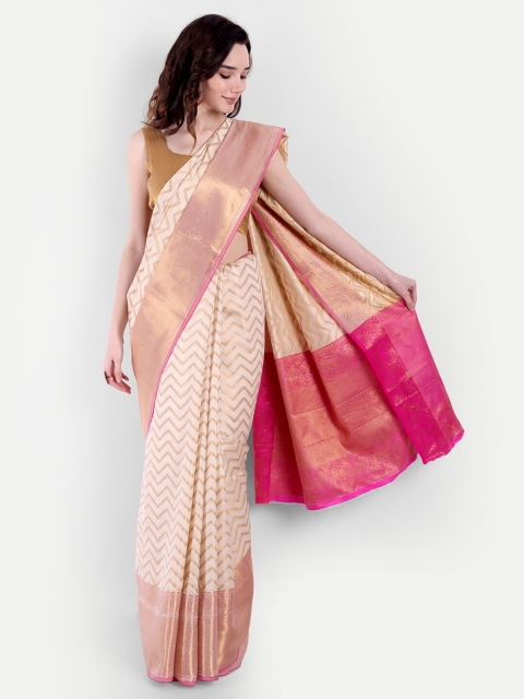 

VAIVIDHYAM Off White & Pink Woven Design Banarasi Saree