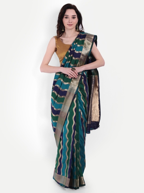 

VAIVIDHYAM Teal & Navy Blue Woven Design Zari Jute Silk Banarasi Saree