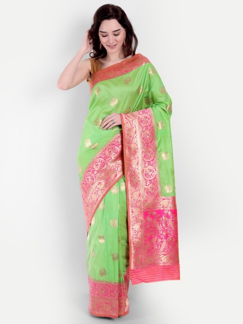 

VAIVIDHYAM Lime Green & Pink Woven Design Banarasi Saree