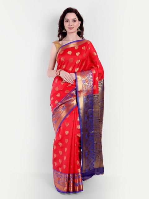

VAIVIDHYAM Red & Gold-Toned Woven Design Zari Silk Cotton Paithani Saree