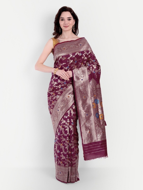 

VAIVIDHYAM Magenta & Silver-Toned Ethnic Motifs Zari Banarasi Saree