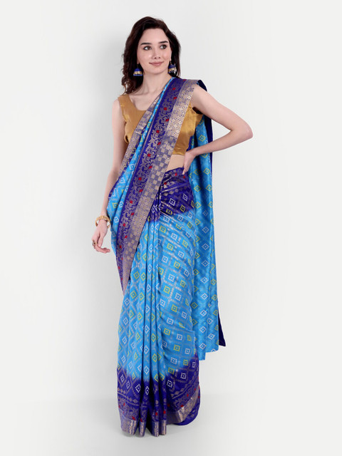 

VAIVIDHYAM Blue & White Bandhani Printed Banarasi Saree